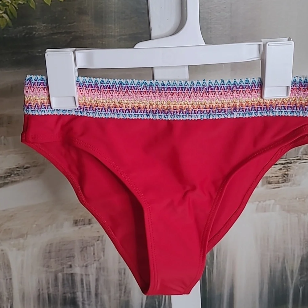 New with tags! Seamoly Womens XS red twist bikini colorful zig zag trim swimsuit